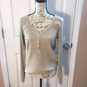 Women's Aerie Beige Ribbed Long Sleeve Button Up Top Size XL